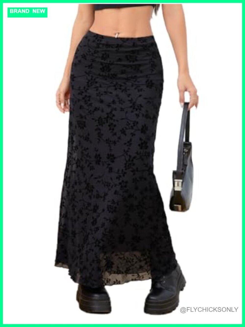 Milumia Y2K Floral Mesh Maxi Skirt Low Waist Flare Hem Goth